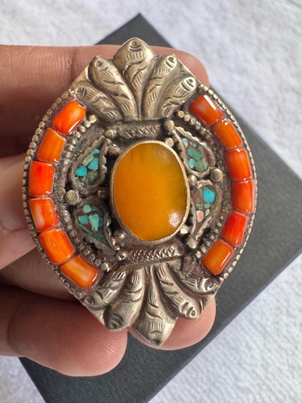Handcrafted Orange & Turquoise Statement Brooch - Unbranded